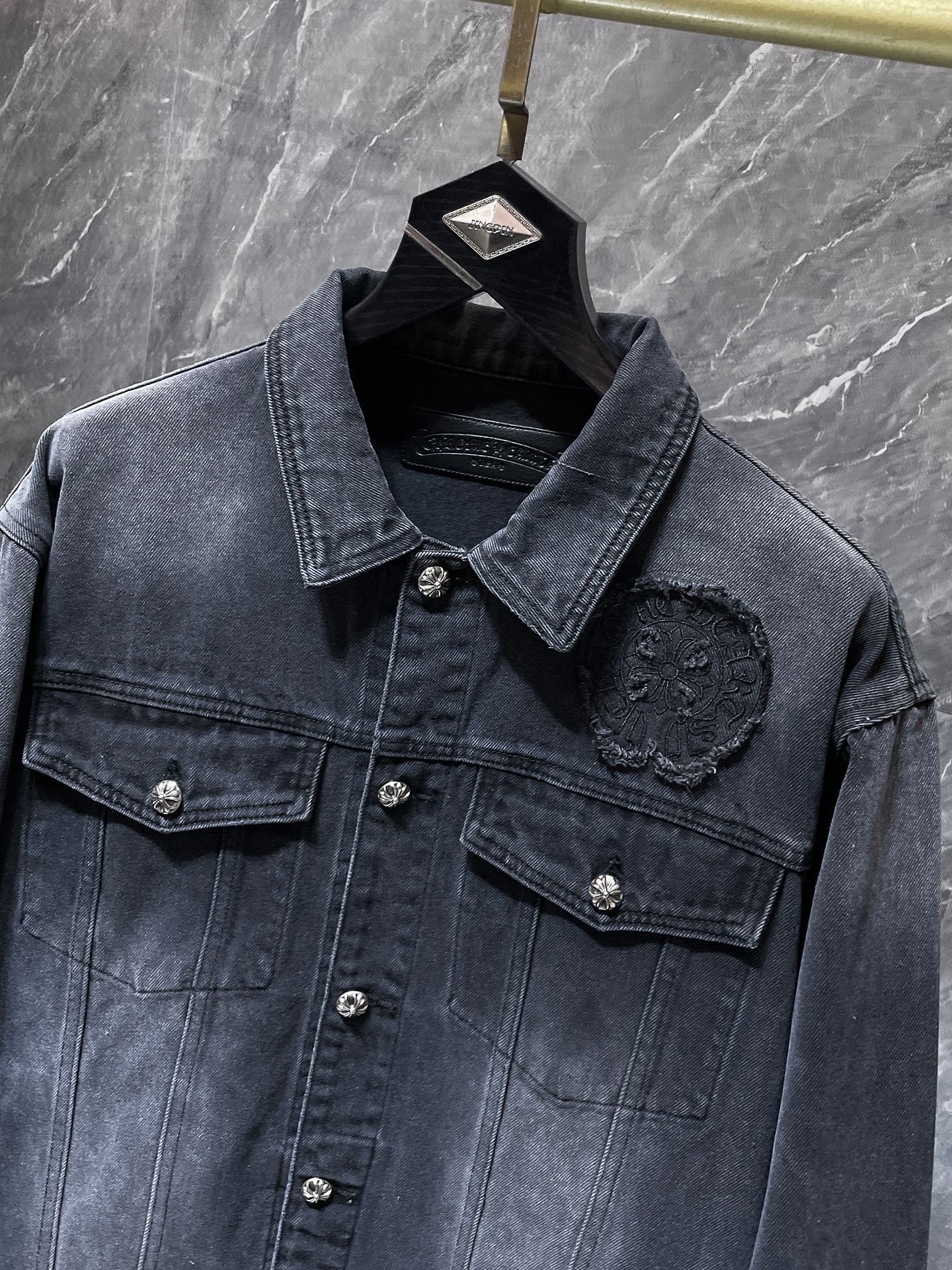 Chrome Hearts Black Denim Trucker Jacket – Cross Patch (Washed Black)