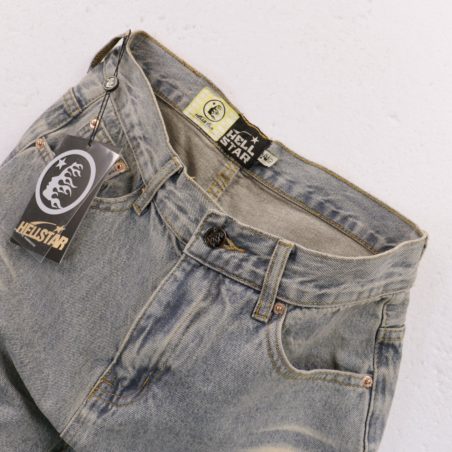 Hellstar Distressed Flame Face Denim Jeans Light Wash