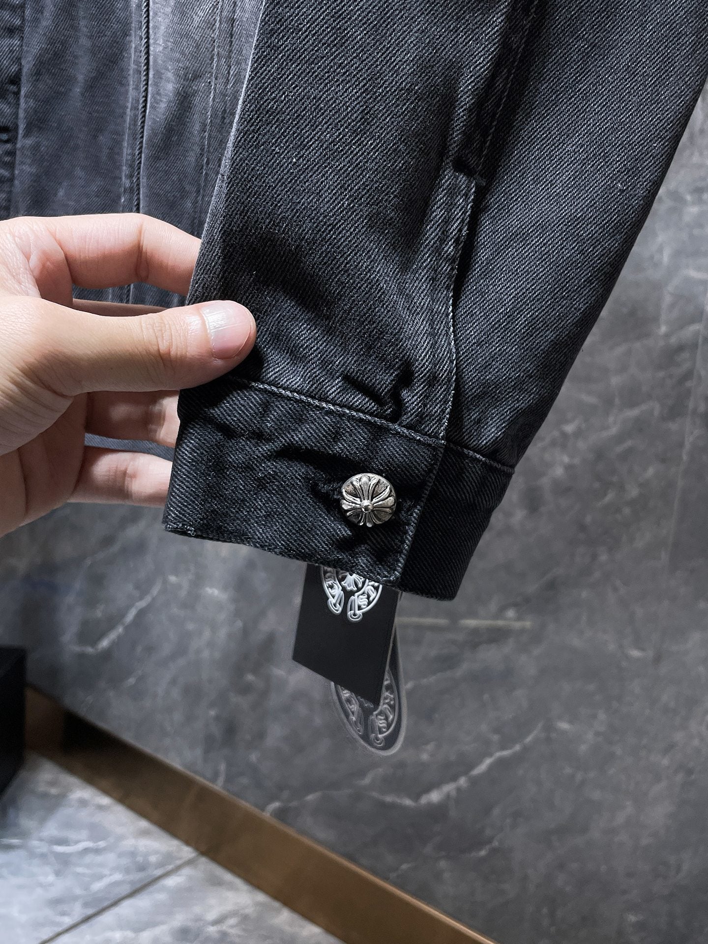 Chrome Hearts Black Denim Trucker Jacket – Cross Patch (Washed Black)