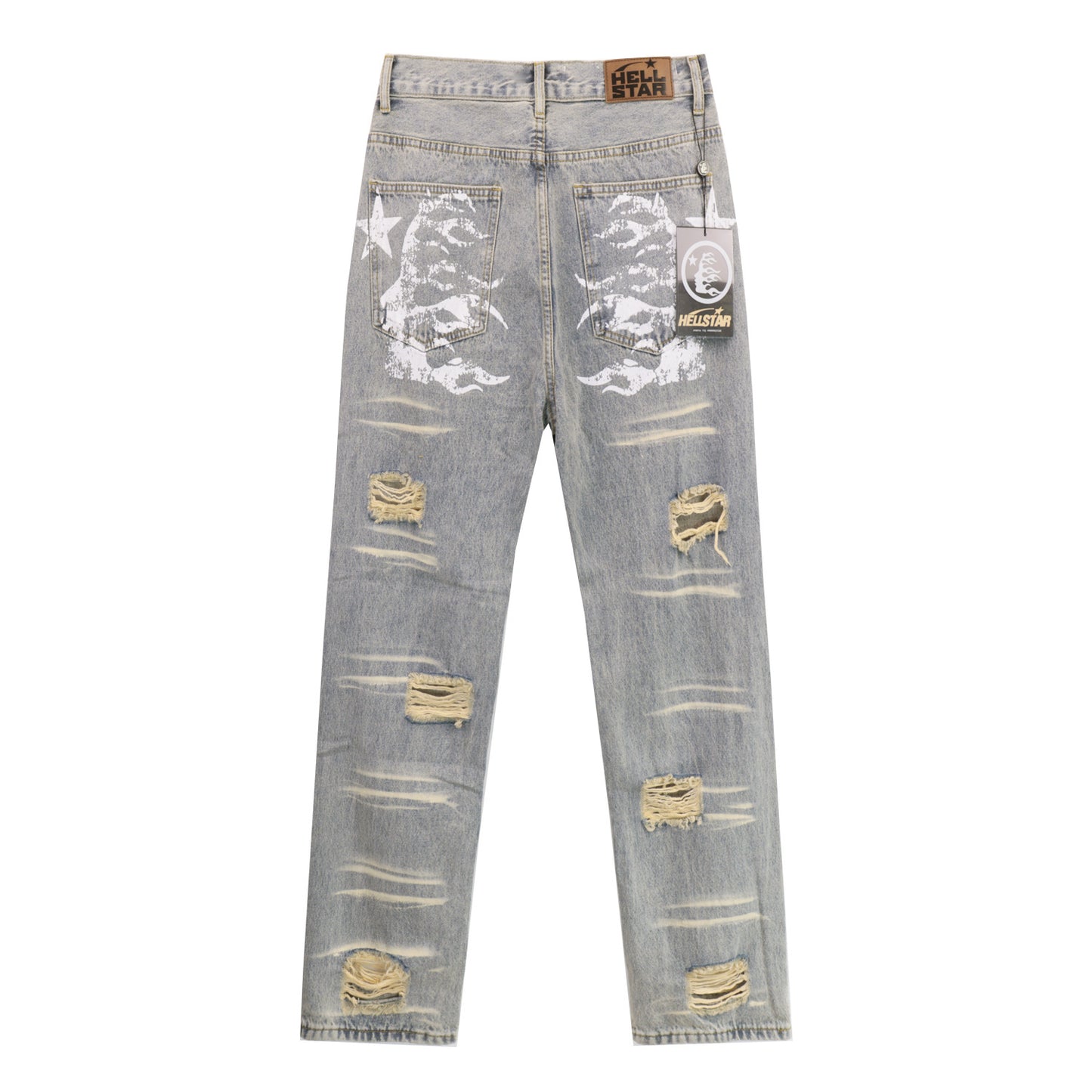 Hellstar Distressed Flame Face Denim Jeans Light Wash