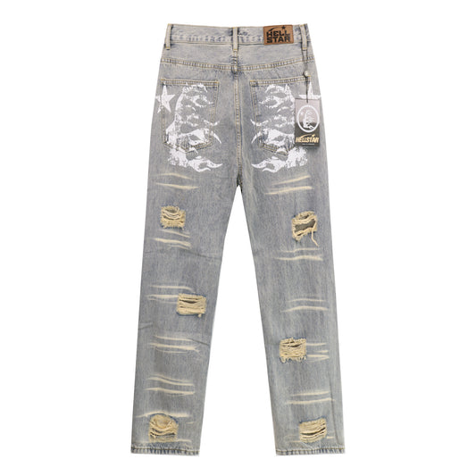 Hellstar Distressed Flame Face Denim Jeans Light Wash