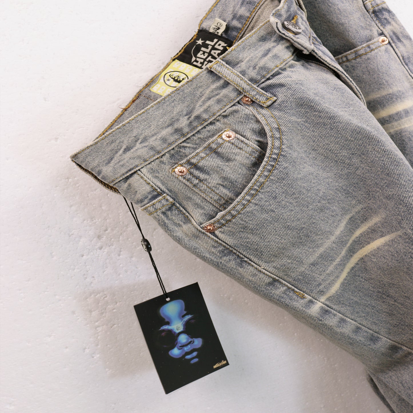 Hellstar Distressed Flame Face Denim Jeans Light Wash