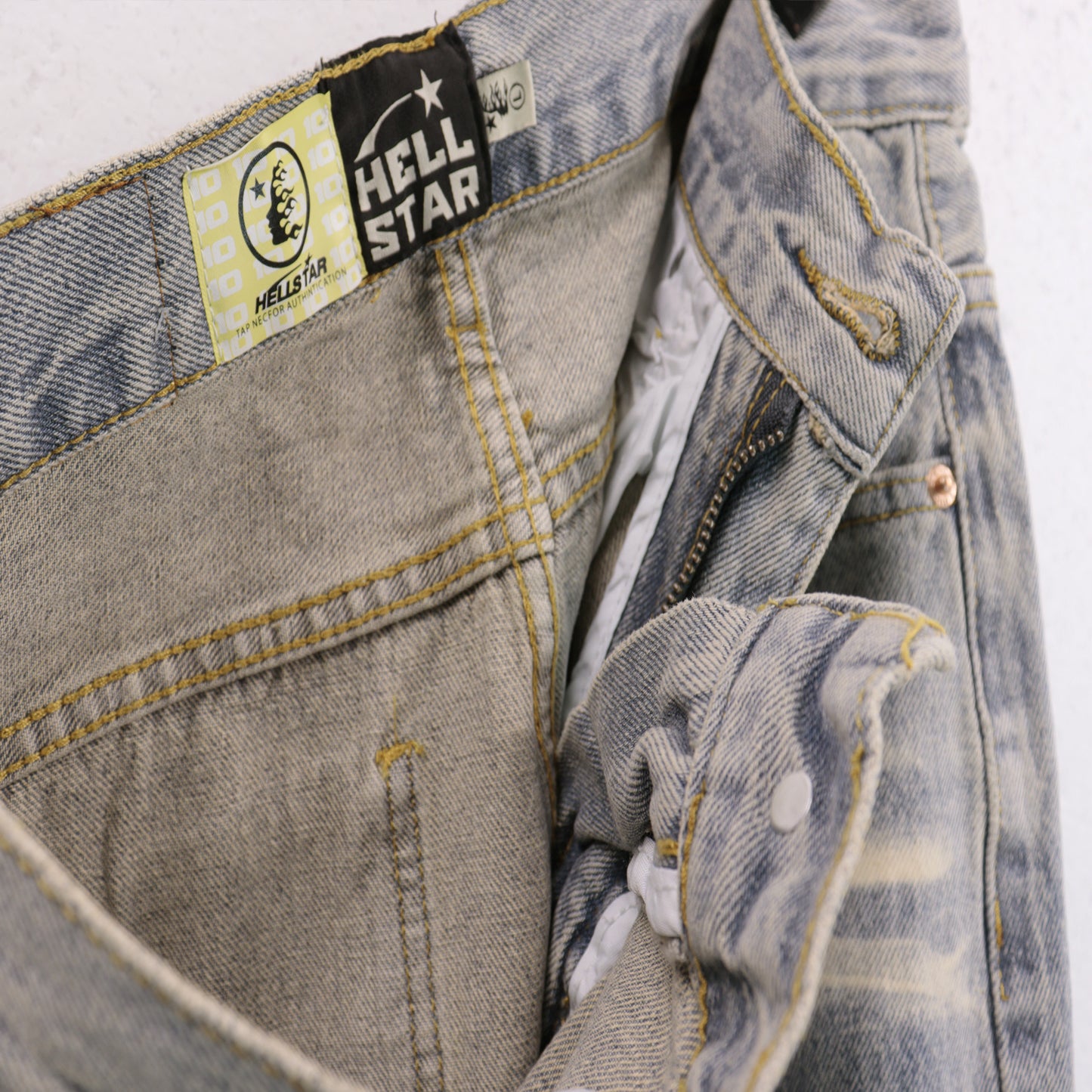 Hellstar Distressed Flame Face Denim Jeans Light Wash