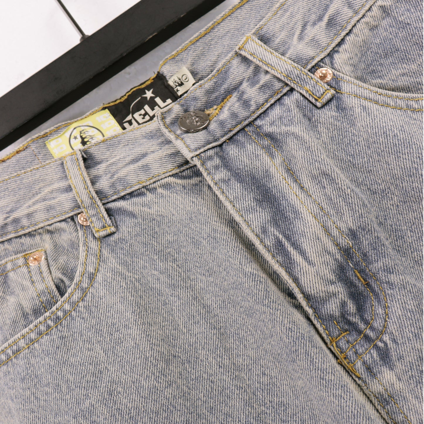 Hellstar Distressed Flame Face Denim Jeans Light Wash