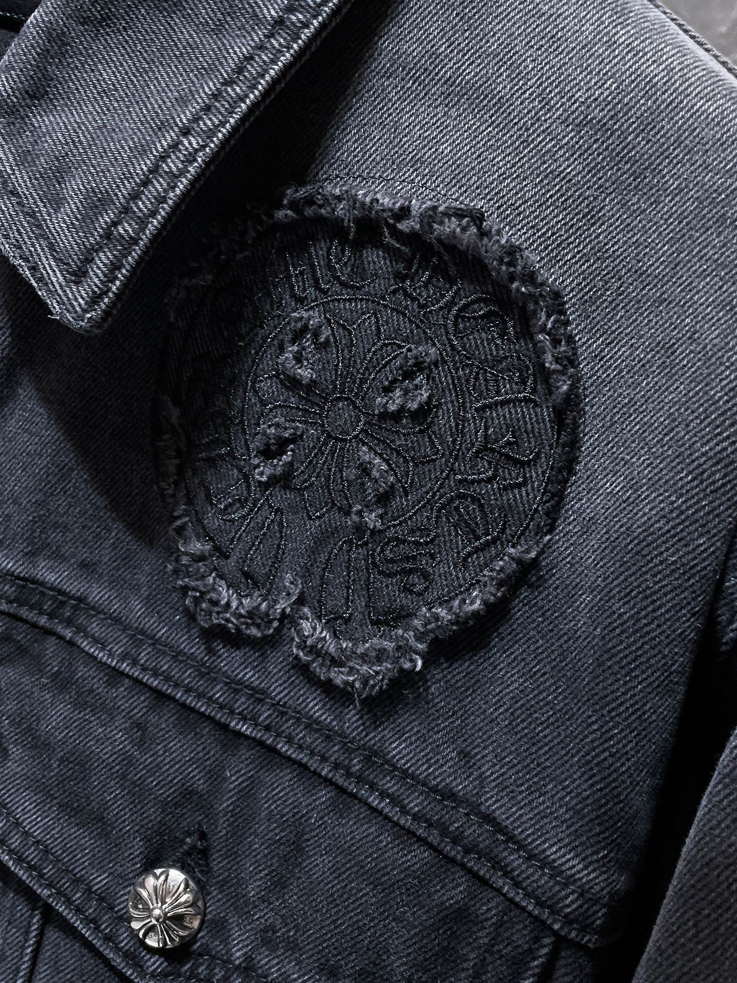 Chrome Hearts Black Denim Trucker Jacket – Cross Patch (Washed Black)