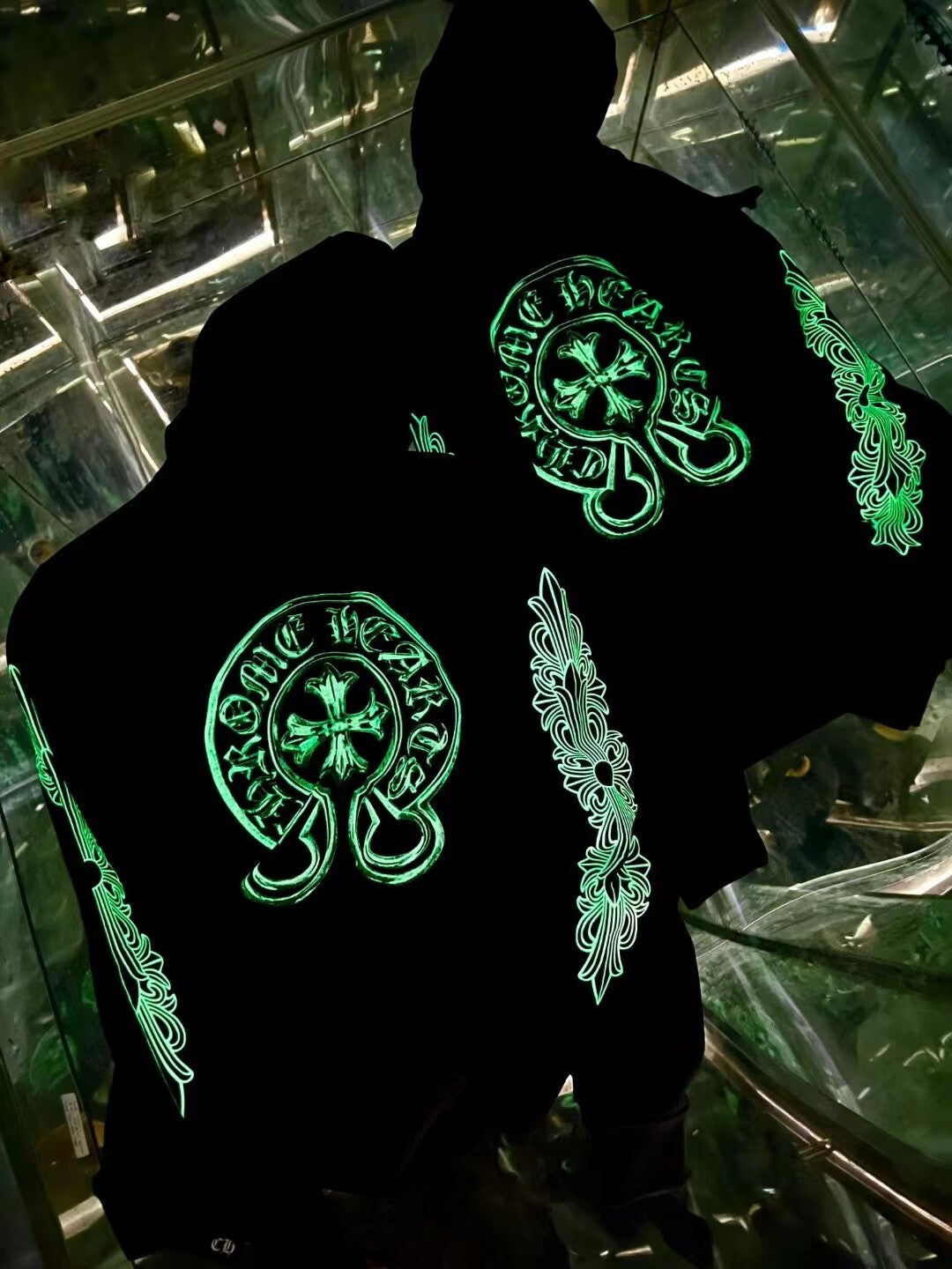 Chrome Hearts Glow Hoodie – Cross Logo Black (Reflective / Glow-in-the-Dark)