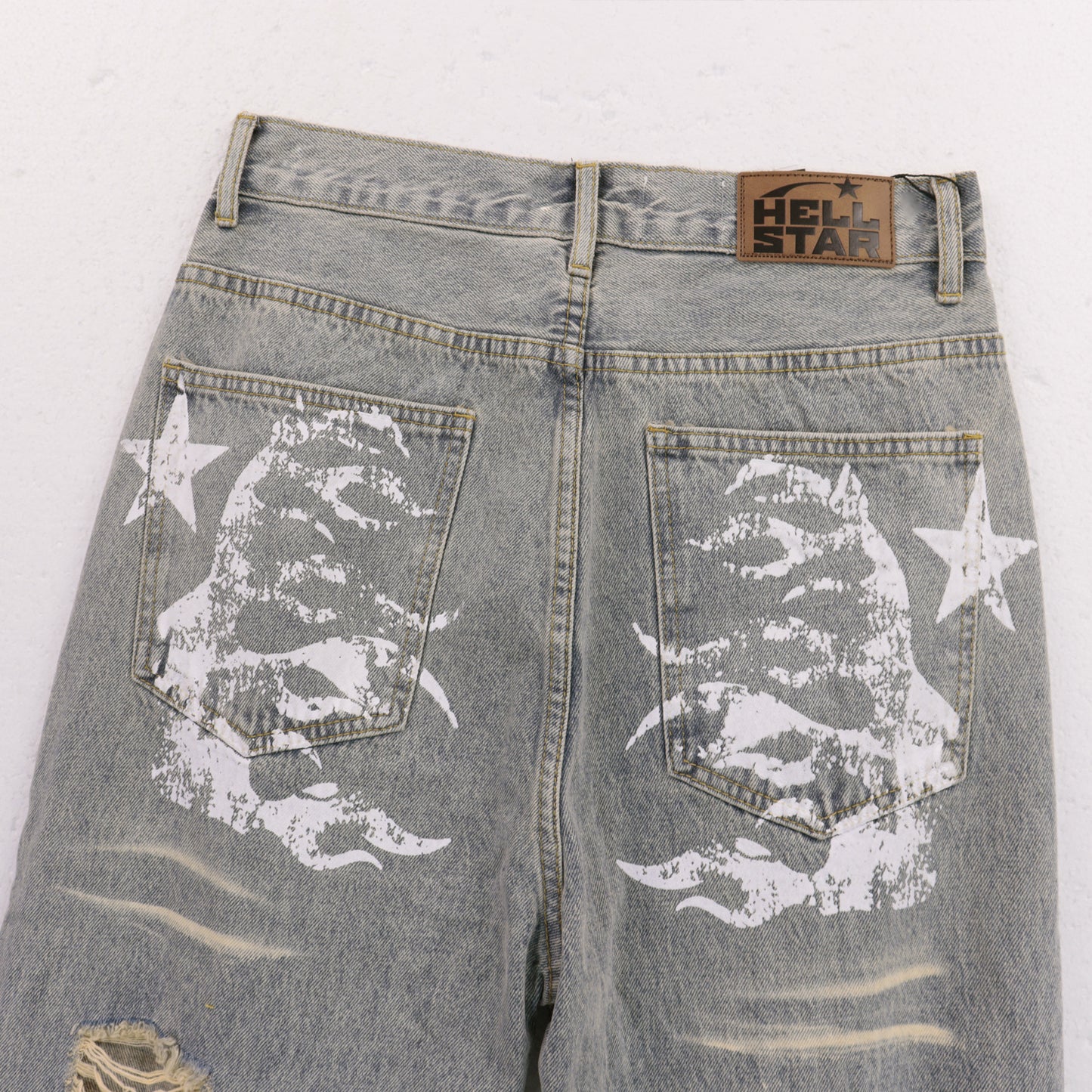 Hellstar Distressed Flame Face Denim Jeans Light Wash